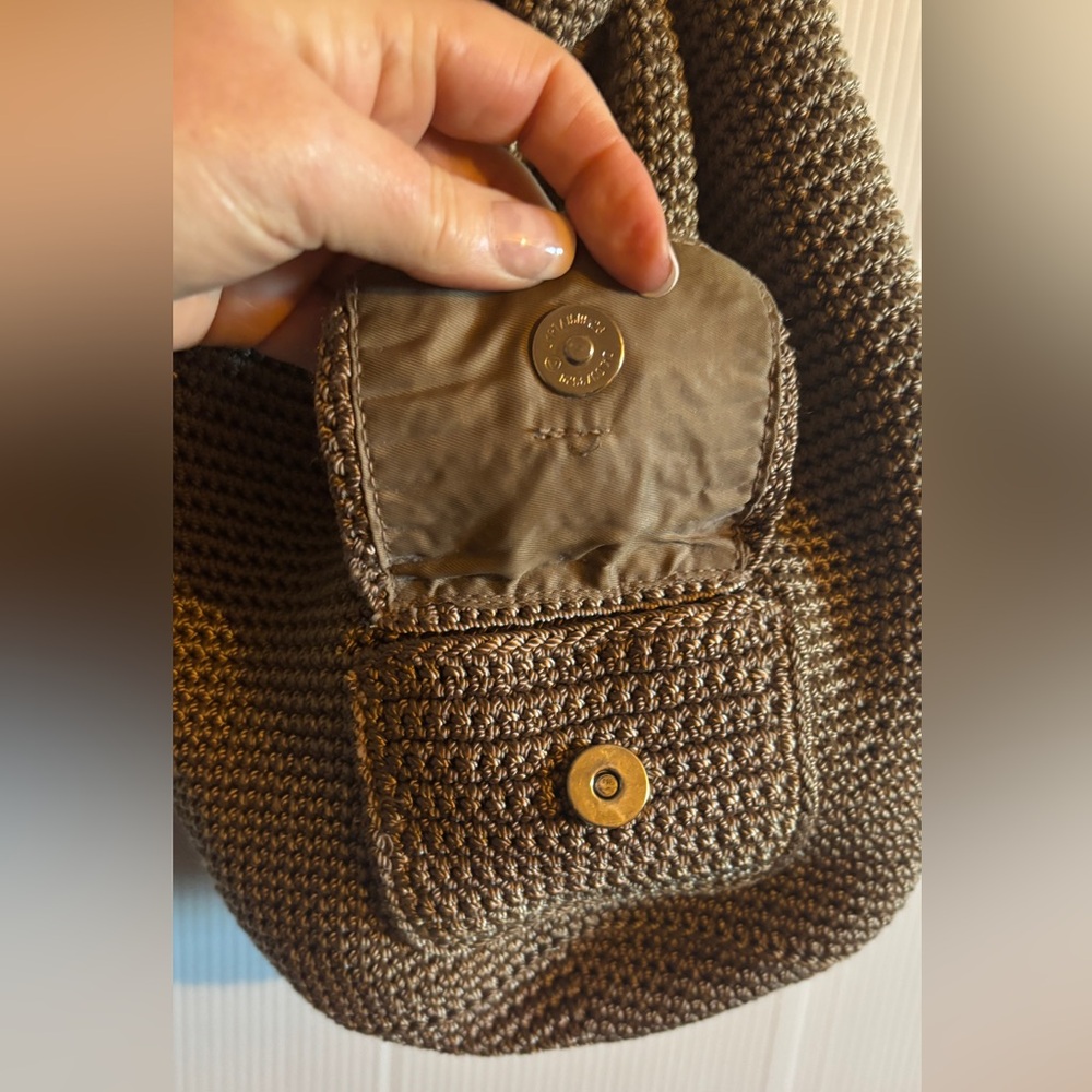 The Sak Tan Crochet Drawstring Backpack Boho Woven Shoulder Bag - Picture 2 of 7